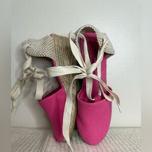 Giamo Cienta Bright Pink Espadrille Wedges with Cream Ankle Ties size 40 (9.5)